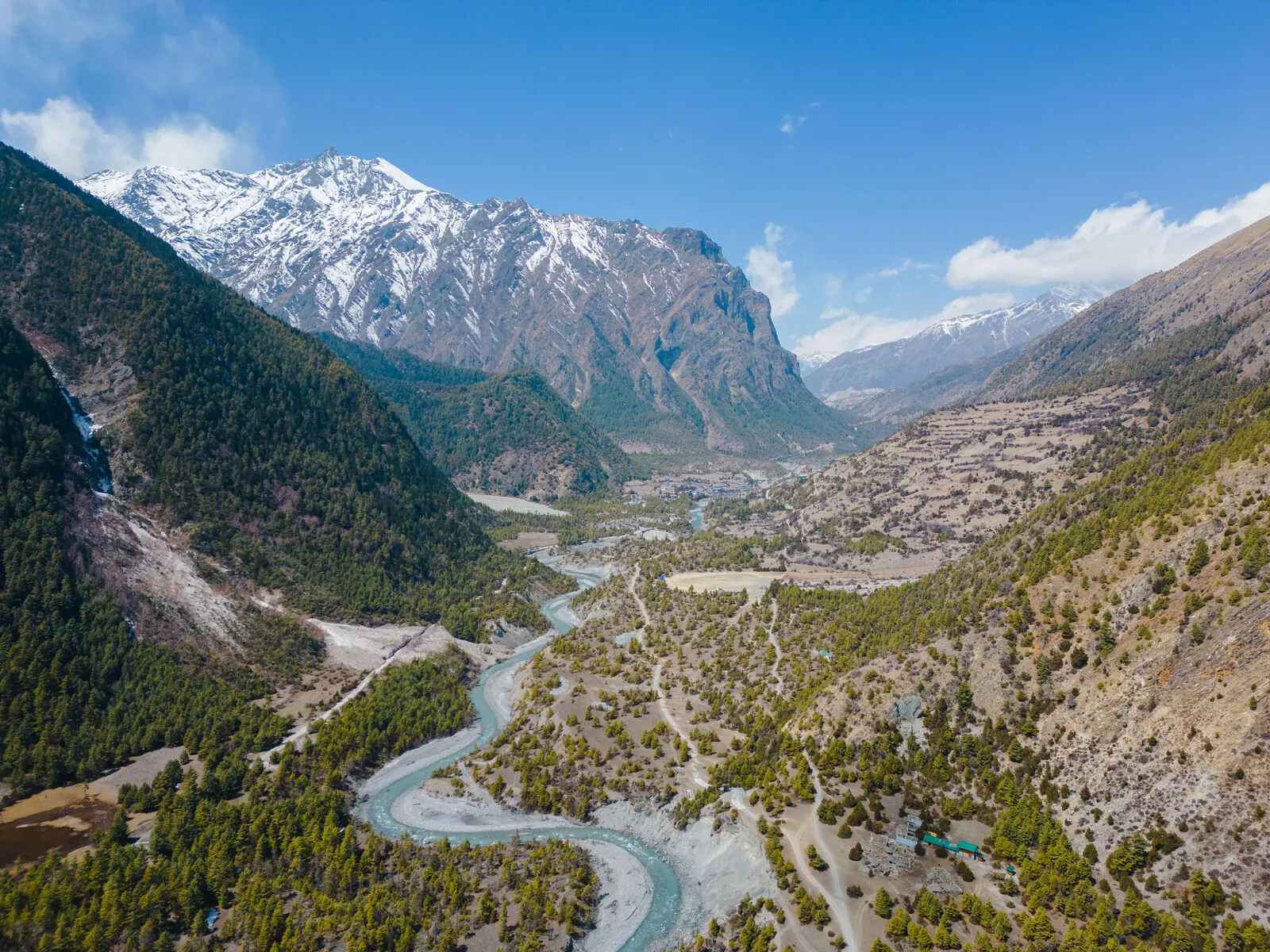 Aerial view of the Marsyangdi valley below the snow peaks, Manang